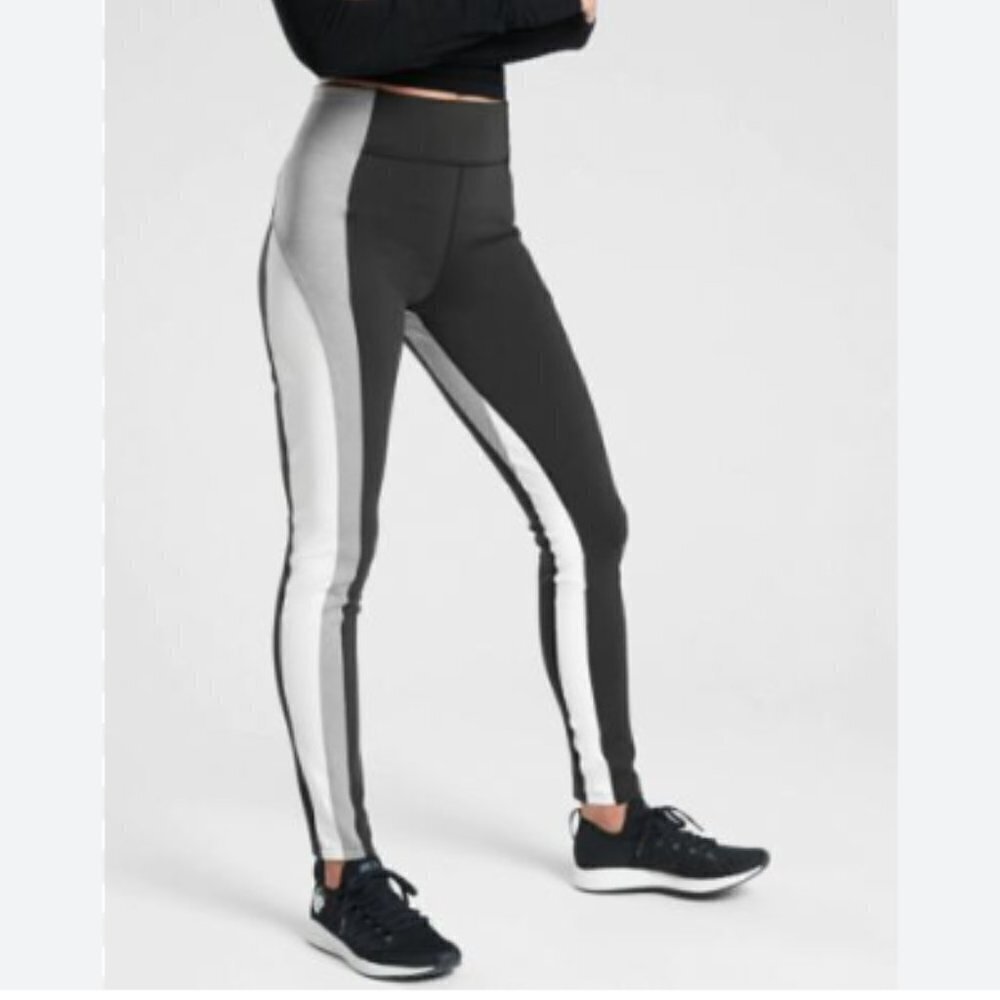 Athleta Crest Colorblock Tight Women M Black Gray White Key Pocket Inseam 28.25"